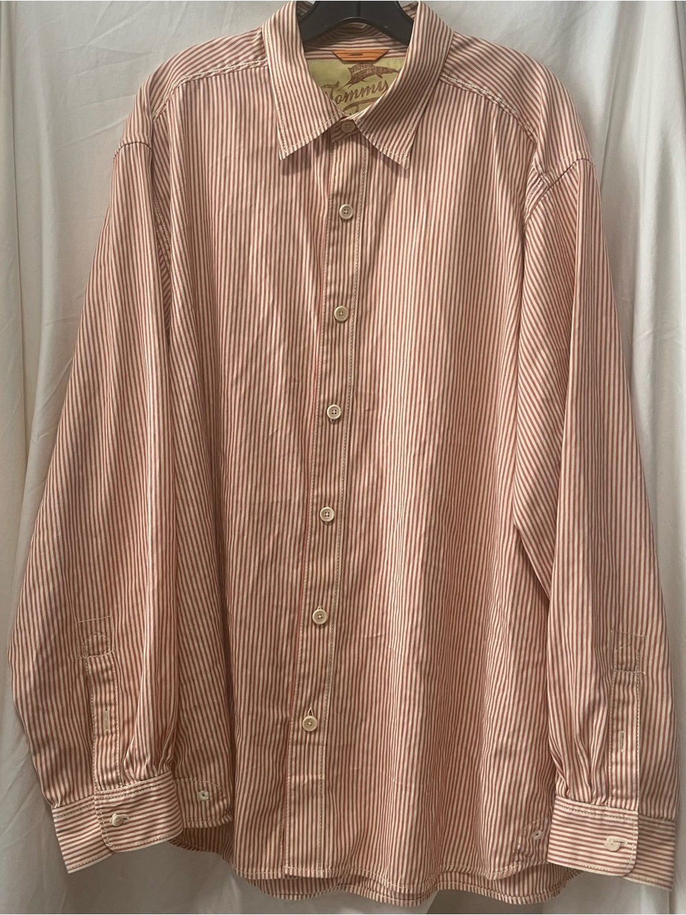 Tommy Bahama Men's Red and Cream Narrow Stripe Dress Shirt